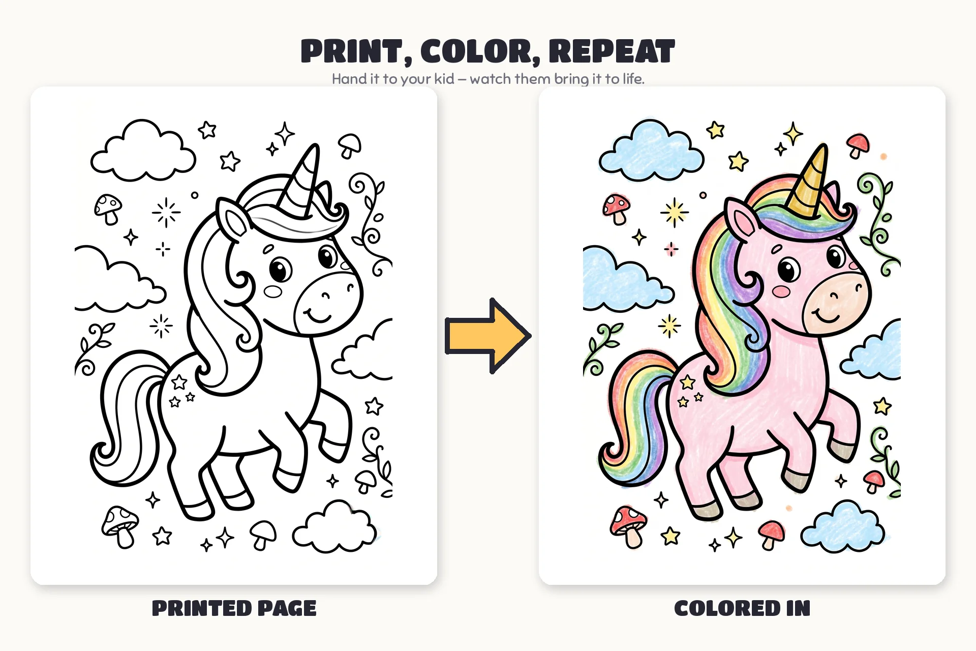 Before-and-after example: a printed unicorn page next to the same unicorn fully colored in