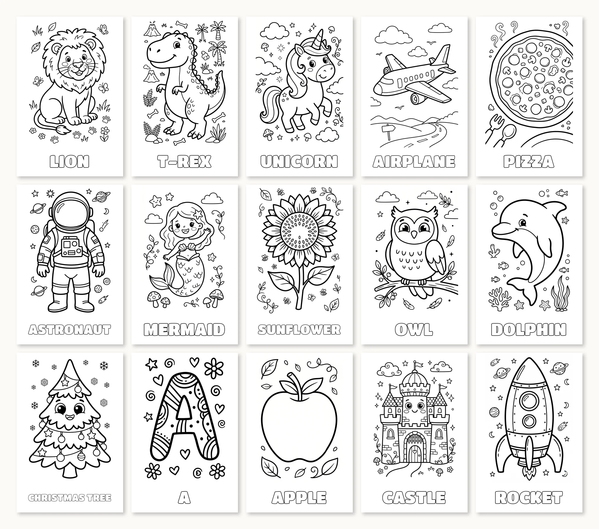 A mosaic showing 15 sample pages from the book — lion, T-Rex, unicorn, airplane, pizza, astronaut, mermaid, sunflower, owl, dolphin, christmas tree, decorative A, apple, castle, rocket