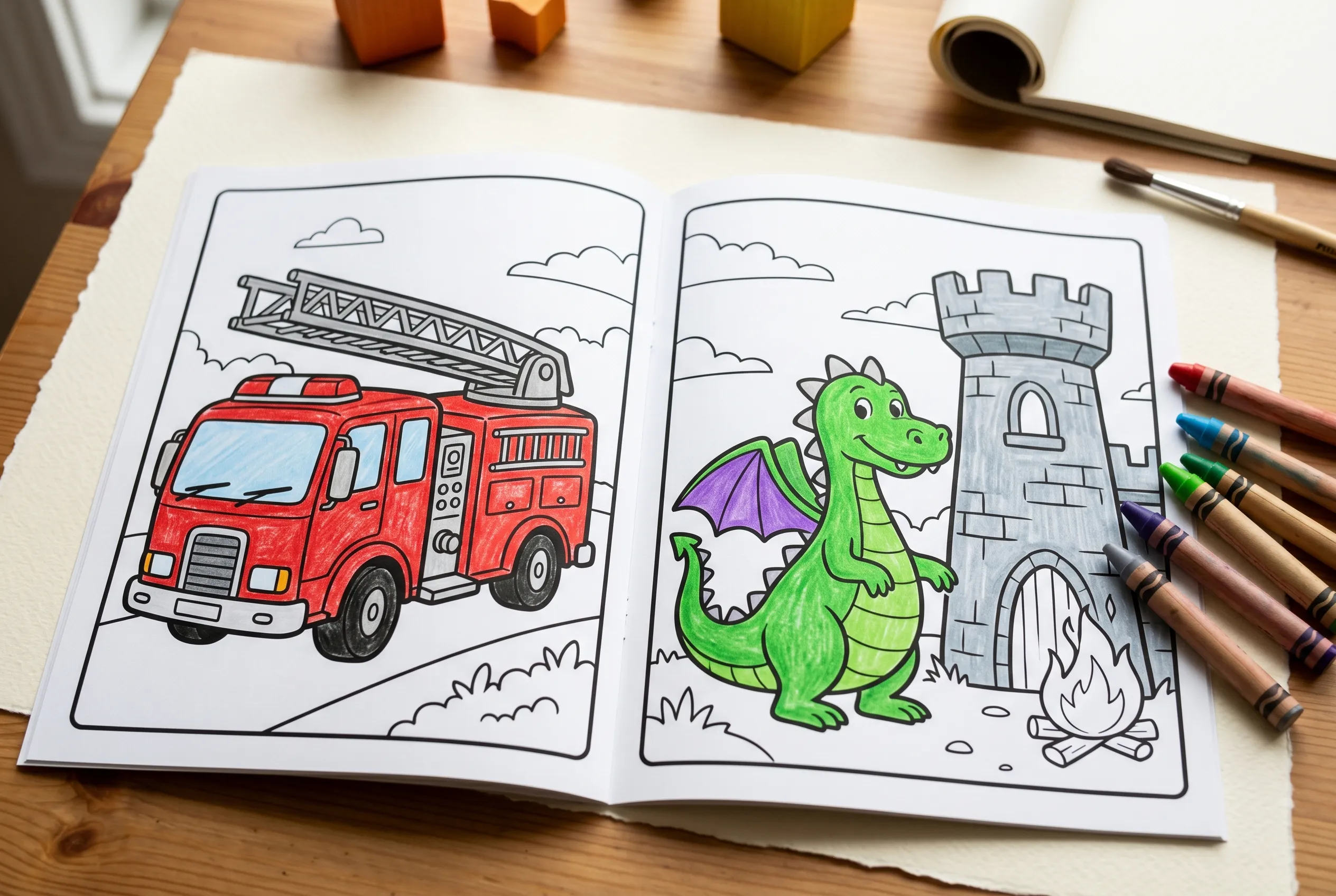 A coloring book open to a fire truck page and a dragon and castle page