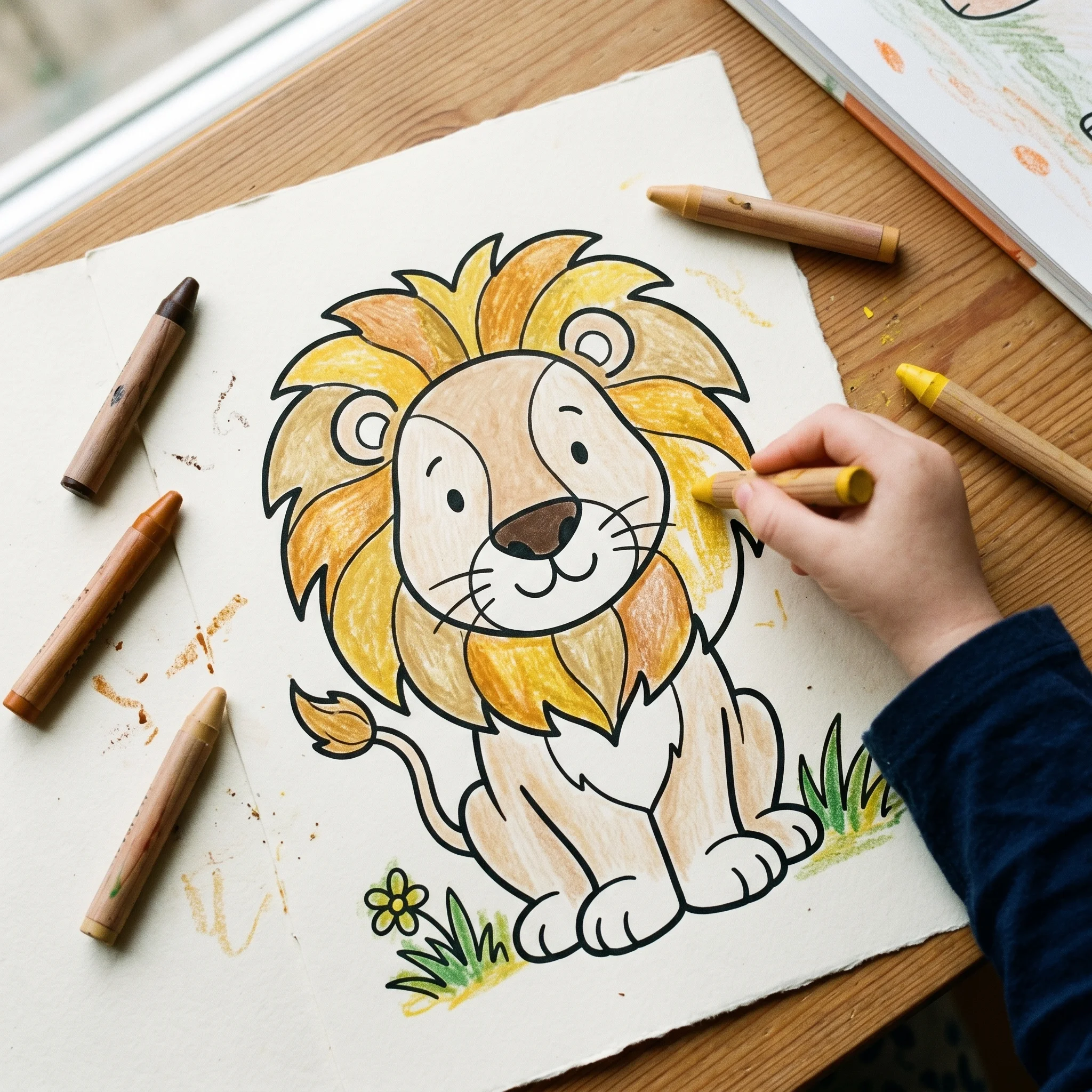 A child's hand coloring a Koloro lion page in warm yellows and oranges
