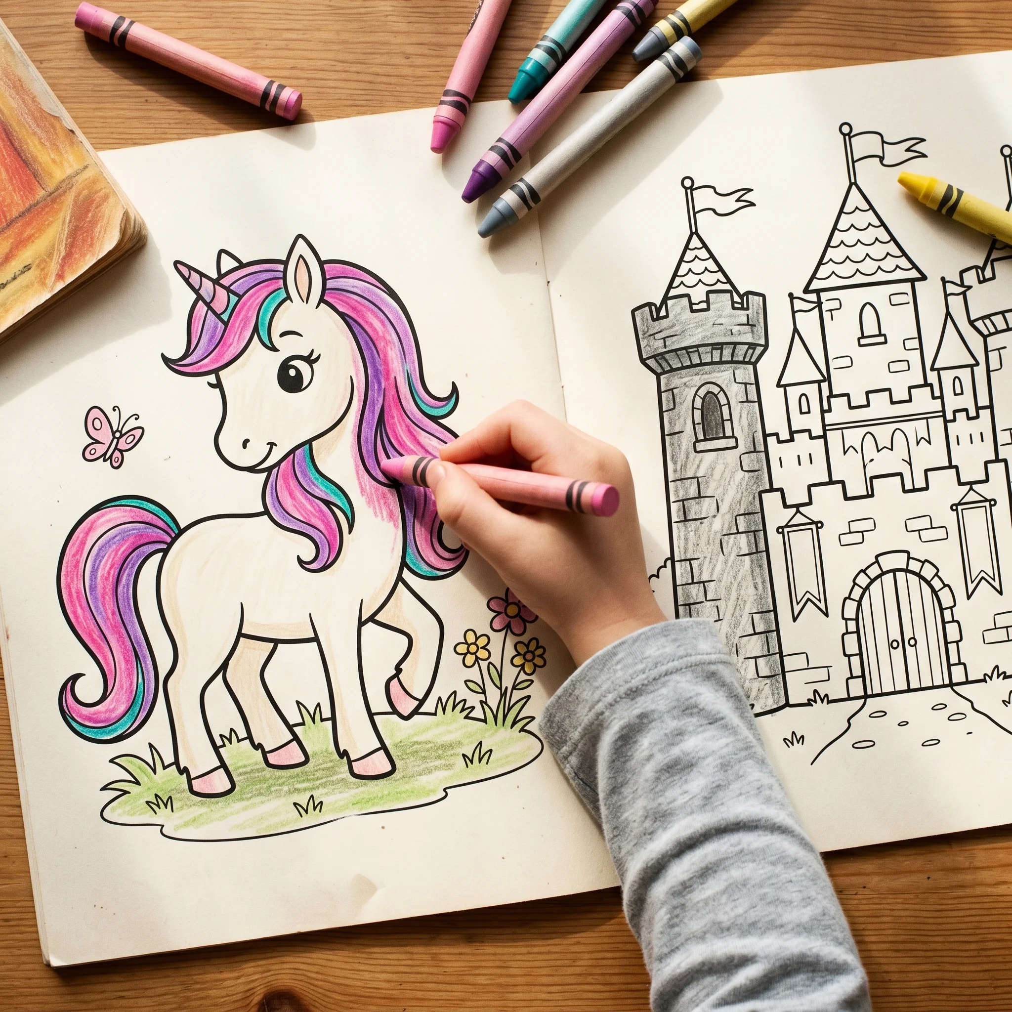 A child's hand coloring a unicorn in pink and purple next to a castle page just starting