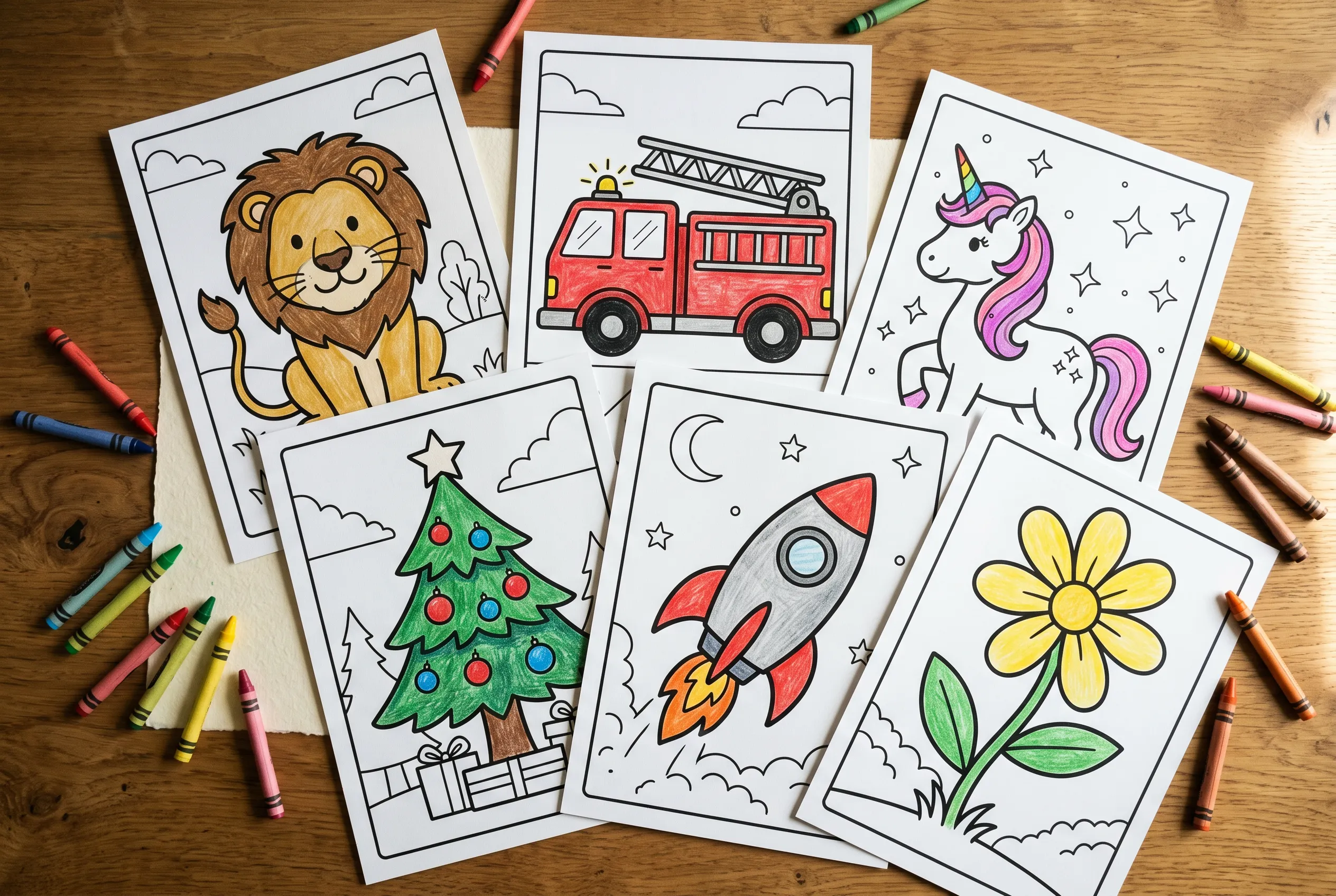 Six coloring pages fanned across a table, each partly colored in